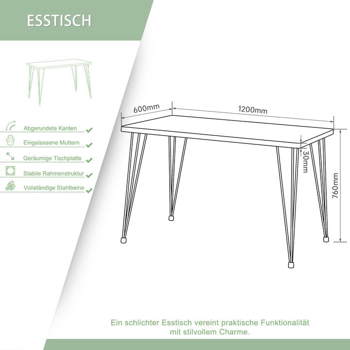 Actual product image SONNI Esstisch und Stühle, der Tisch besteht aus massiven Stahlbeinen + Schwarzpulverspritzverfahren