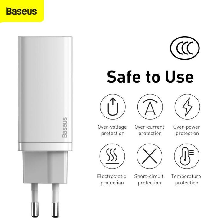 Actual product image Baseus GaN2 Lite Quick ChargerC+U 65W EU White (65 W)
