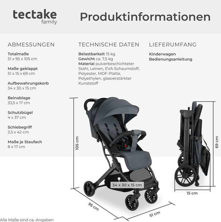 Produktbild tectake Buggy-Kinderwagen Finn, klappbar, 5-Punkt-Gurt