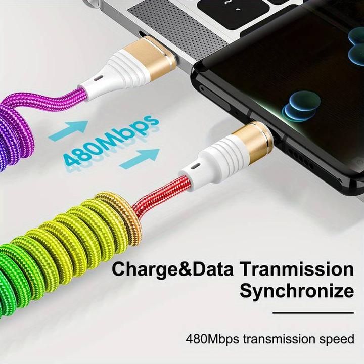 Produktbild PhoneLook USB-A auf USB-C Stretch-Kabel aus geflochtenem Nylon mehrfarbig rainbow (1 m, USB 3.2 Gen 1)