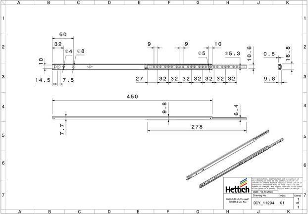 Produktbild Hettich Schubladenschiene Teilauszug 450 mm verzinkt 9136699 2 Stück