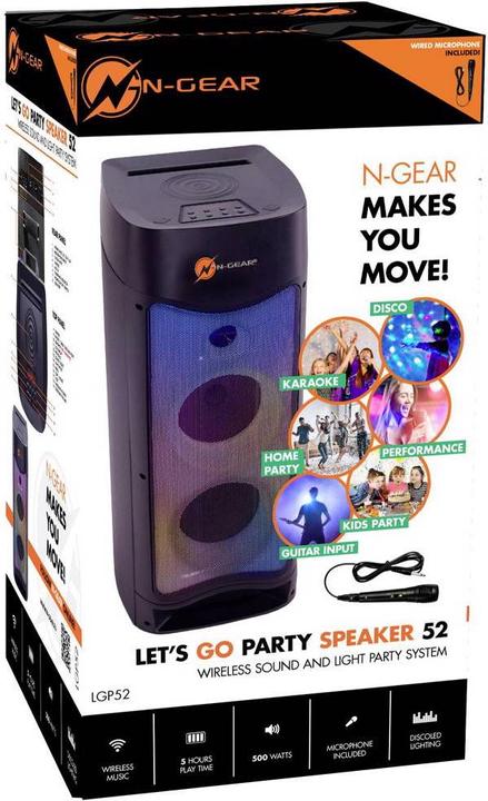 Actual product image N-Gear Let's go party Bluetooth speaker, sound system with karaoke microphone, disco LEDs (4 h, Electrical connection)