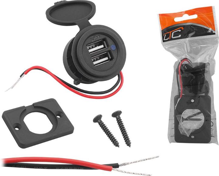 Actual product image Lasmex Recessed car/motorcycle/boat charger with lid out: 2xUSB-A 5V/3,1Amax., in:12V/24V