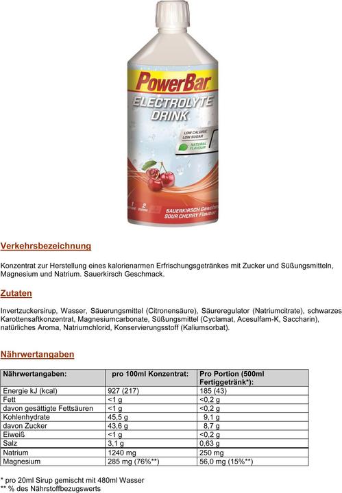 Nährwerte und Zutaten Powerbar Electrolyt Drink 1l (Sauerkirsche, 1 x)