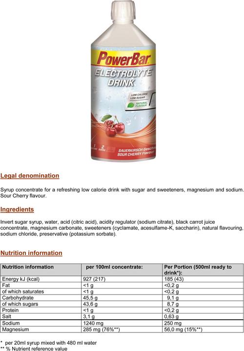 Nährwerte und Zutaten Powerbar Electrolyt Drink 1l (Sauerkirsche, 1 x)