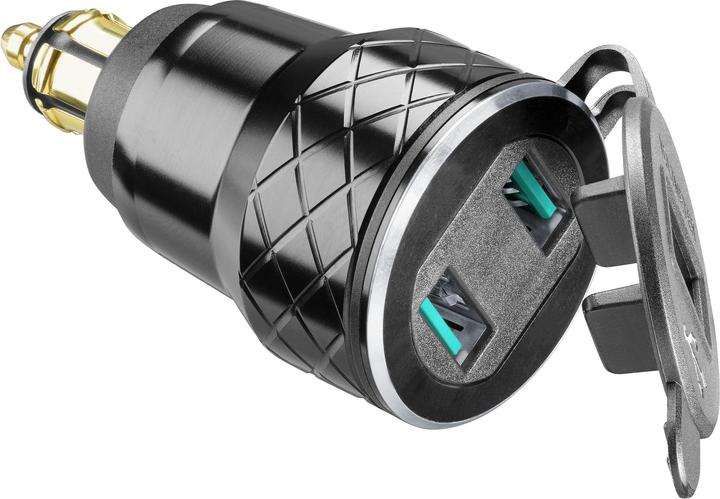 Interphone Doppel-USB 12V DIN Adapter Alu + Voltmeter Anzeige