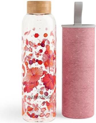 Waterdrop Bottiglia di Vetro con Coperchio in Bambù e Custodia in Neoprene (0.60 l)