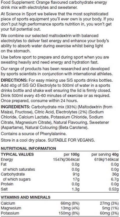 Nutritional values and ingredients SIS GO Electrolyte Drink (1 Piece, Granulate, 1800 g)