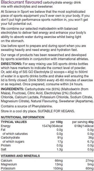 Nährwerte und Zutaten SIS GO Electrolyte Drink (1 Stück, Pulver, 1600 g)