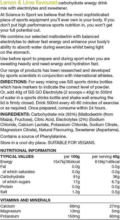 Nährwerte und Zutaten SIS GO Electrolyte Drink (1 Stück, Pulver, 500 g)