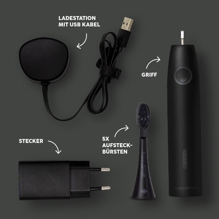 Image du produit happybrush ECO VIBE 3 Starterkit All Black + 4 Refills (Brosse à dents sonique)