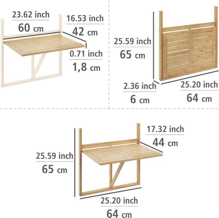 Actual product image Wenko Bamboo balcony folding table Mod. Waikiki for hanging on balcony railings (64 cm)