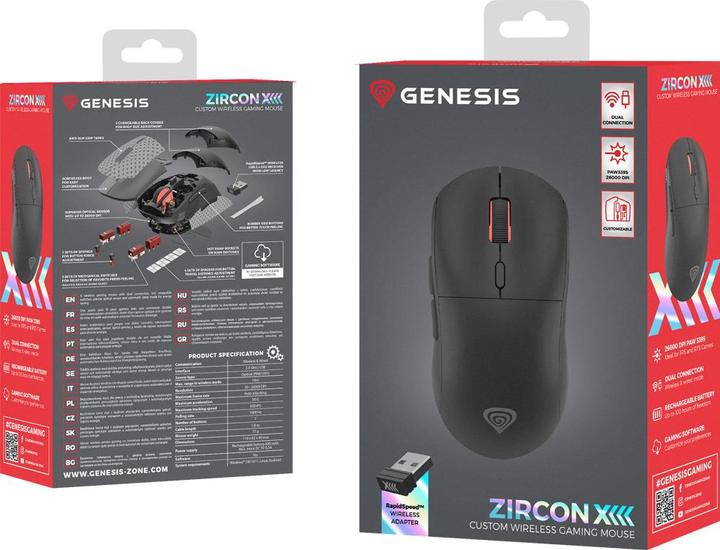 Immagine prodotto Genesis Mysz Mysz Dla Graczy Zircon Xiii Custom Bezprzewodowa 26000dpi Czarna Gamingowa (Cablato)