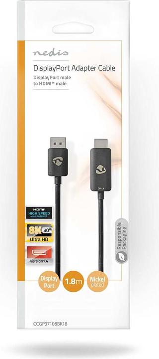 Actual product image Nedis Displayport Adapter | DisplayPort Connector | HDMI™ Connector | 8K@30Hz | Nickel-plated | Straight (1.80 m, DisplayPort)