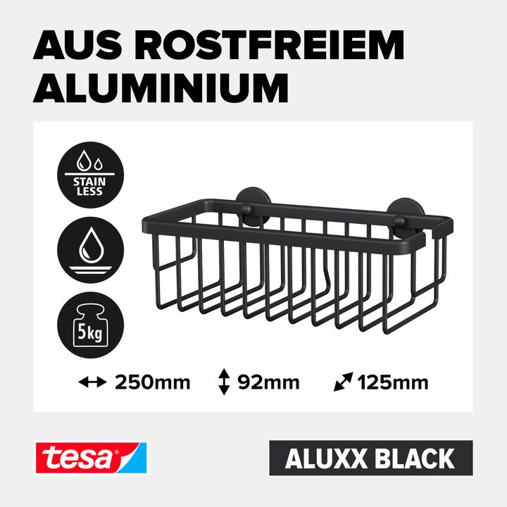 Produktbild tesa ALUXX BLACK Duschkorb inkl. Klebelösung ohne Bohren (25 x 12.5 x 9.5 cm)