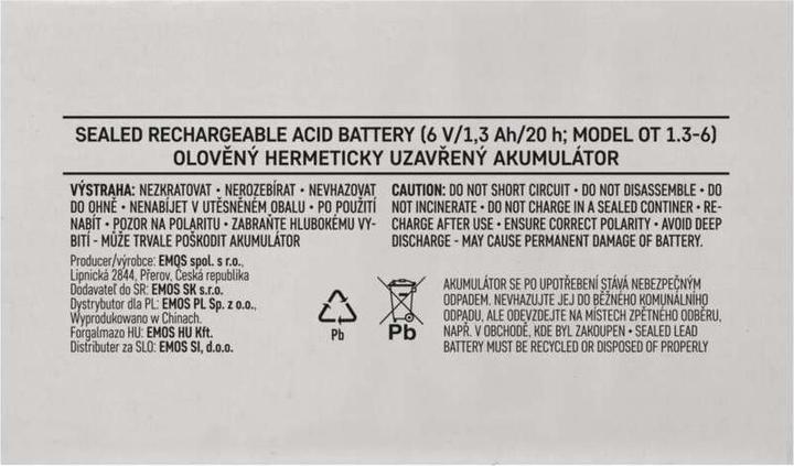 Valori nutrizionali e ingredienti Emos Batteria al piombo senza manutenzione 6 V/1,3 Ah, faston 4,7 mm (1 pz., Specifico del dispositivo, 1300 mAh)