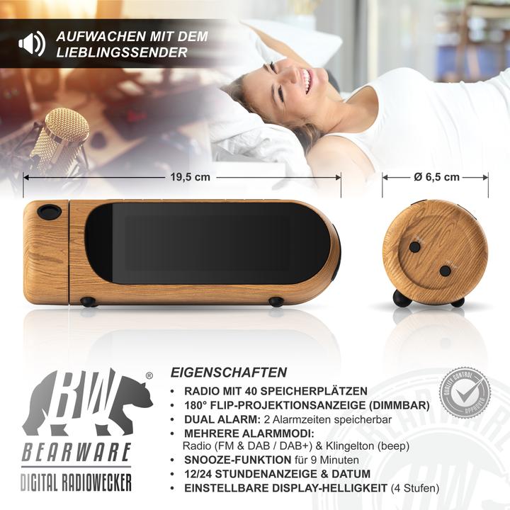 Image du produit Bearware Projektionswecker, Radiowecker DAB Plus, FM & DAB+ Küchenradio digital, Wecker, 4 Helligkeitsstufen