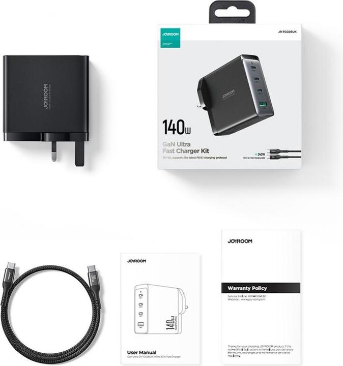 Produktbild Joyroom GaN-Ladegerät UK JR-TCG05UK 140 W 3x USB-C USB-A + USB-C / USB-C-Kabel 240 W 1,2 m (140 W)