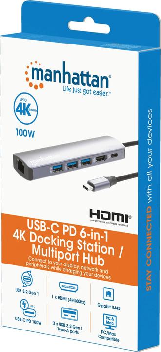 Produktbild Manhattan 6-in-1 4K USB-C Dockingstation 1xHDMI 3xUSB 5 Gb/s (USB-C, 6 Ports)
