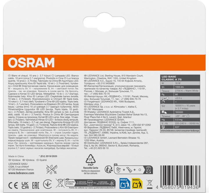 Produktbild Osram Led Base Classic A (E27, 10.50 W, 1055 lm, 3 x, F)