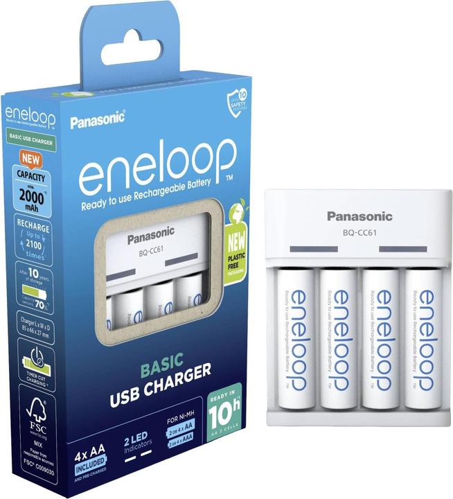 Actual product image Panasonic eneloop Basic USB Charger BQ-CC61 (4 pcs., AA, 1900 mAh, Battery + charger)