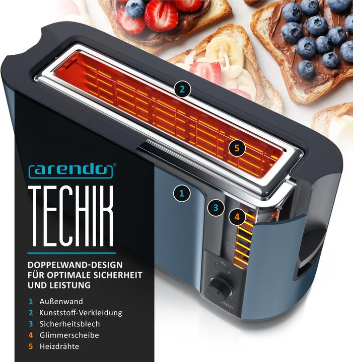 Produktbild Arendo Toaster Edelstahl Langschlitz 2 Scheiben, Doppelwand, Display mit Restzeitanzeige, Brötchenaufsatz