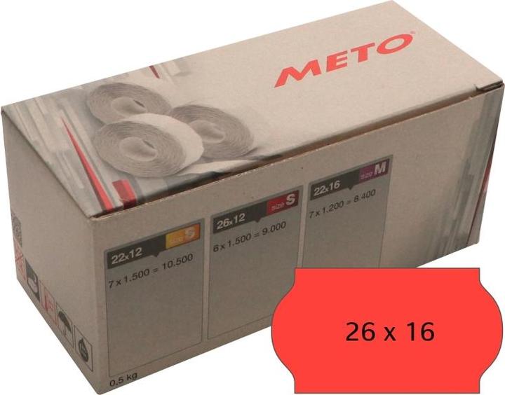 Produktbild METO Etiket 26x16mm neon rød permanent lim 2 1200stk/rul - (1200 x 6 ruller)