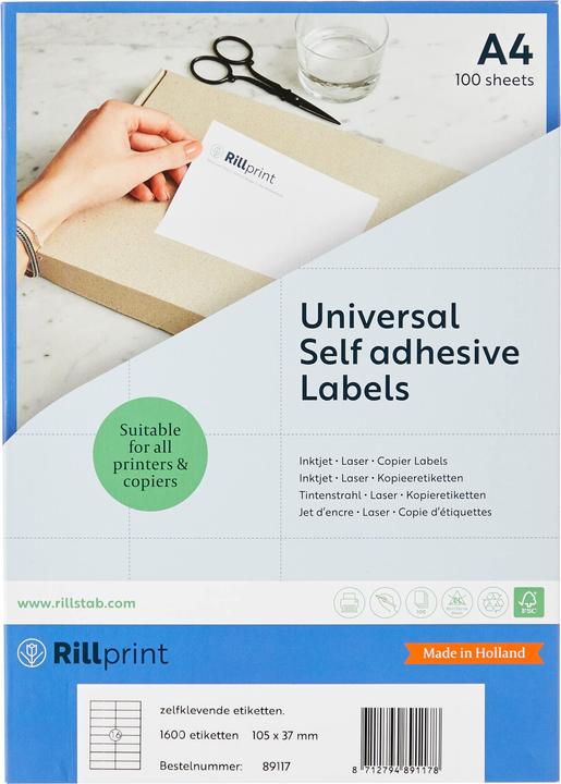 Produktbild Rillprint Universal-Etiketten, 105 x 37 mm, weiss selbstklebend, FSC-zertifiziert, für Inkjet-, Laser-
