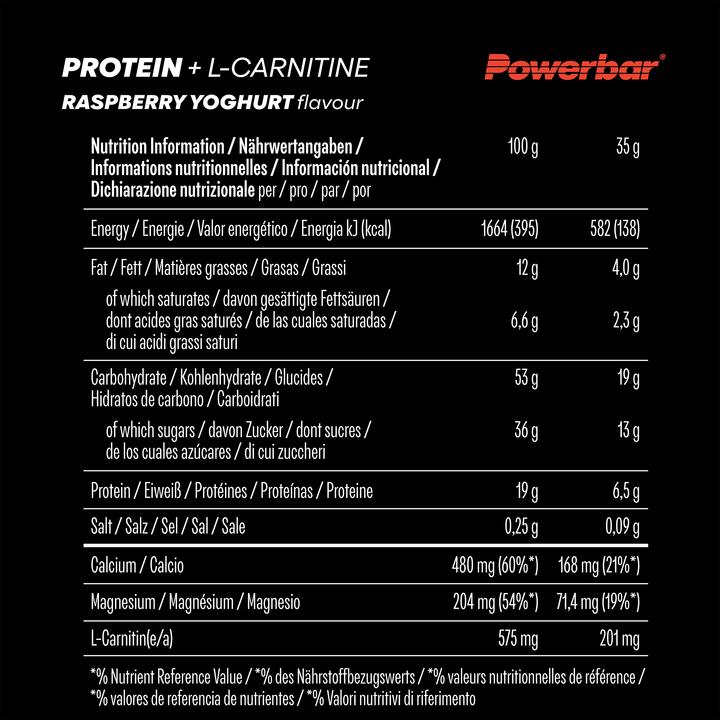 Nährwerte und Zutaten Powerbar Protein Plus + L-Carnitine (Himbeere-Joghurt, 30 Stk., 1050 g)