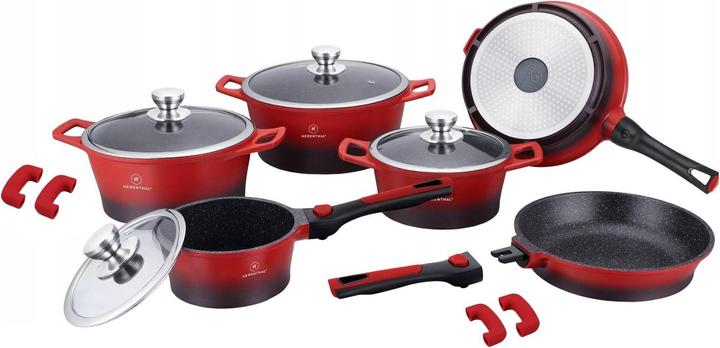 Produktbild JTI 6x Kochgeschirr, Marmorbeschichtung - Rot (28 cm, Pfannenset + Topfset, Aluminium)