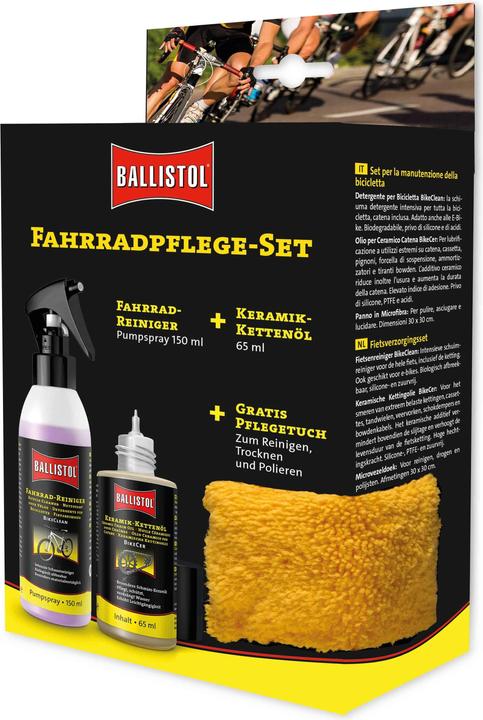 Ballistol Fahrradpflege-Set, BikeCer 65 ml + BikeClean 150 ml + Mikrofasertuch, 30 x 30 cm (65 ml, Fahrradreiniger)