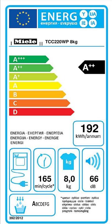 Label énergétique Miele TCC220WP, sèche-linge (8 kg, Gauche)
