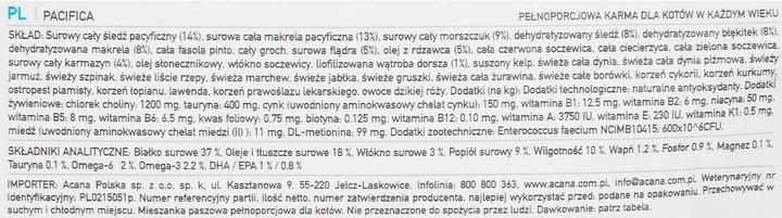 Valeurs nutritives et ingrédients Acana Pacifica Cat dry cat food 1.8kg (Adulte, 1 pcs, 1800 g)