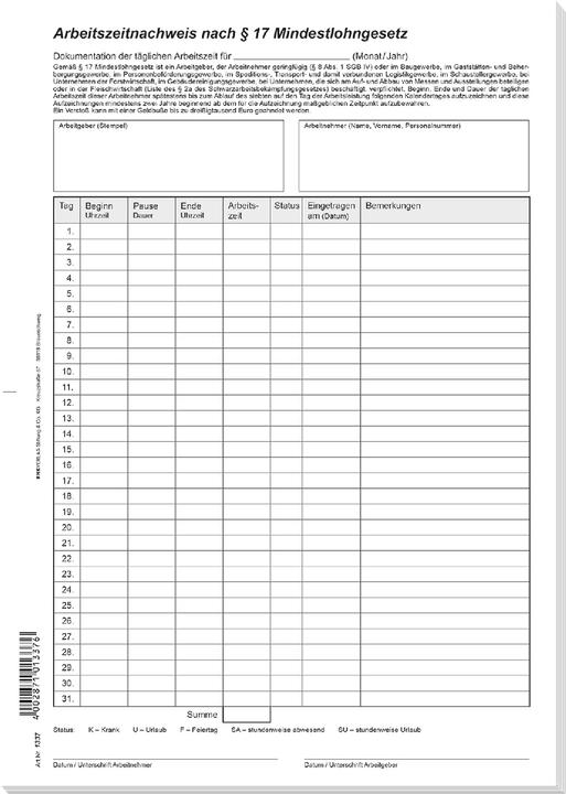 Produktbild Rnk Arbeitszeitnachweis nach Mindestlohngesetz Format: DIN A4 Block mit: 24 Blatt (24 x)