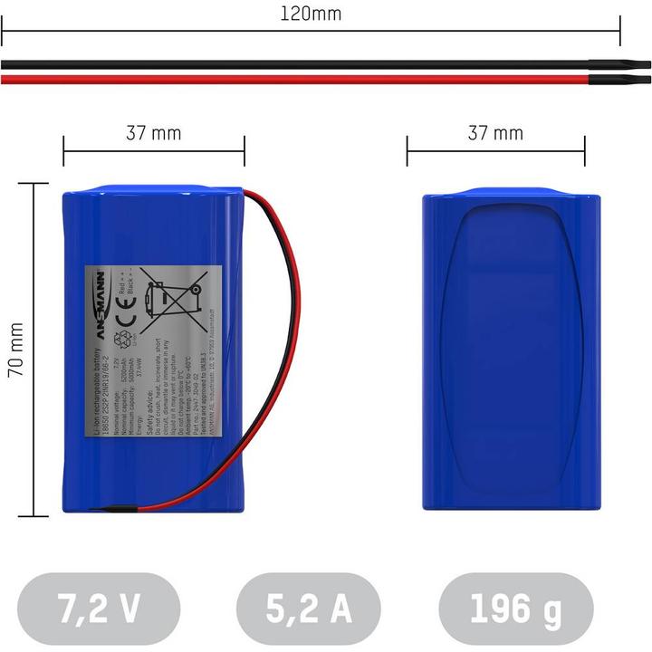 Actual product image Ansmann 2S2P Battery Pack 4x 18650 Cable Li-Ion 7.4 V 5200 mAh (4 pcs., 18650, 5200 mAh)