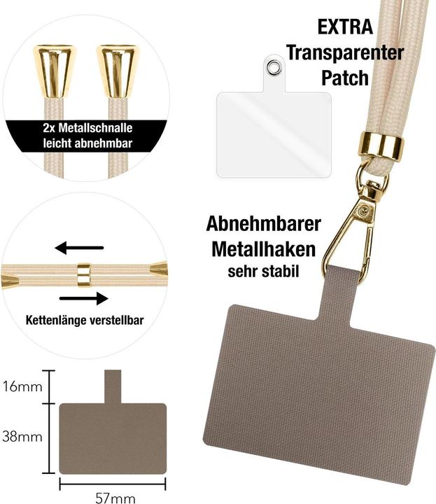 Produktbild Nalia Handyband + Pad für Hülle zum Umhängen, Karabinerhaken Anhänger aus Metall (gold)