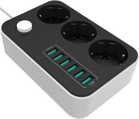 Actual product image Colorway Power Socket :3 EU plugs/6USB Blac CW-CHE36B 1.8 m, Juodas (6 x, 1.80 m)