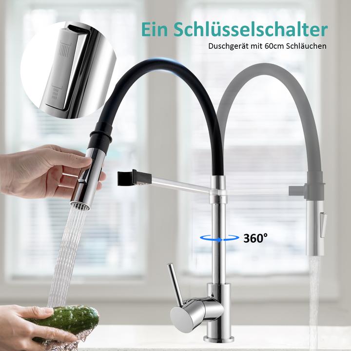 Image du produit Emke Robinet de cuisine avec Tuyau en silicone de 60cm, 2 Types de Jets, rotatif à 360°, Chromé