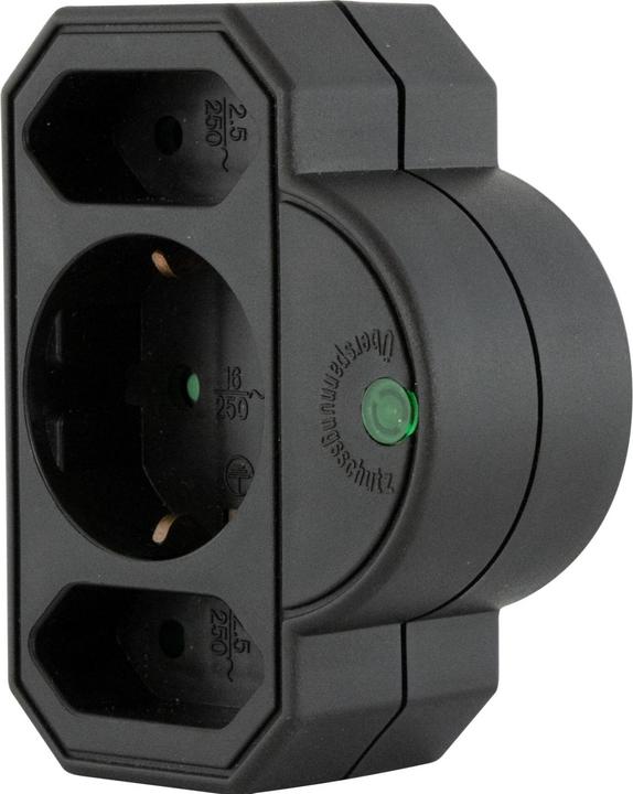 Produktbild REV Steckdosenadapter 3-fach mit Überspannungsschutz, schwarz (CEE 7/3, CEE 7/16, 3 x)