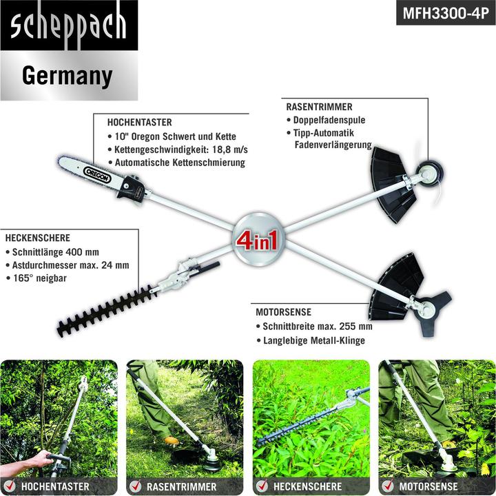 Actual product image Scheppach 4in1 Multi Garden Unit MFH3300-4P 1.22PS (Trim line, Metal cutting blade)