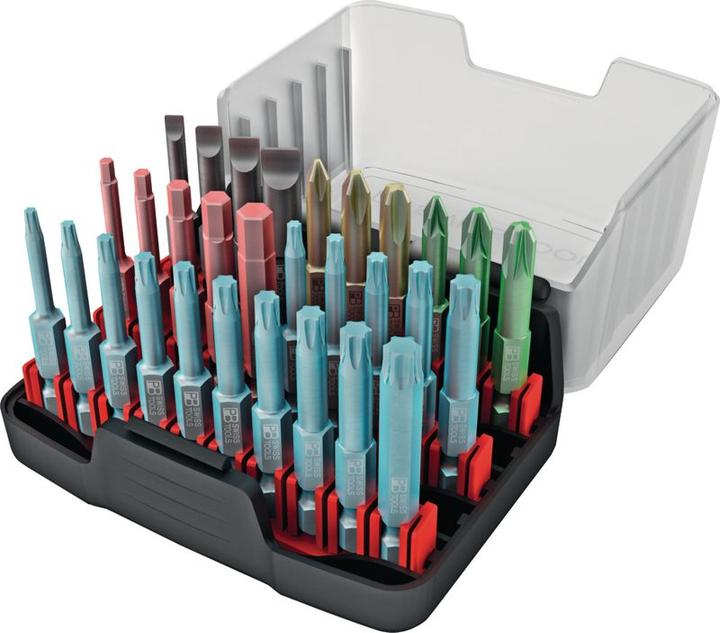Produktbild PB Swiss Tools Precision Bit Box E6-990 (Innensechsrund TX M40, Innensechsrund TX M9, Innenschskant M2.5, Innensechsrund TX M10, Innensechsrund TX M15, Innensechsrund TX M20, Innensechsrund TX M25, Innensechsrund TX M27, Innensechsrund TX M30, Kreuz Phillips PH M3, Kreuz Pozidriv PZ M3, Innenschskant M3, Innenschskant M4, Innenschskant M5)