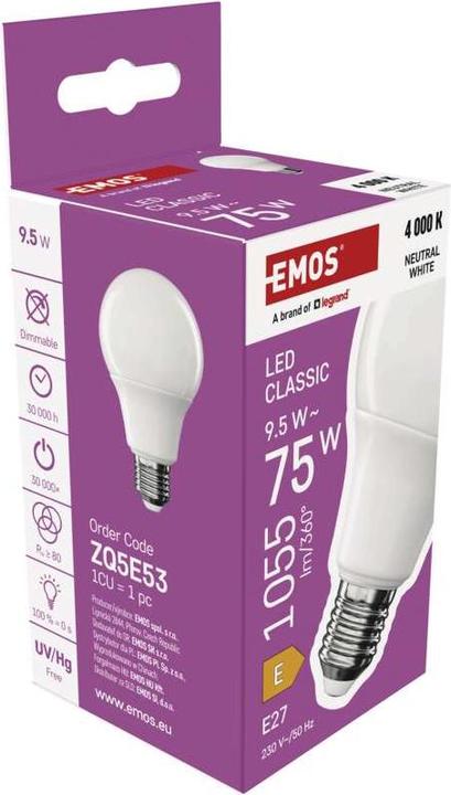 Immagine prodotto Emos LED Lampe Classic A60 / E27 / 9,5 W (75 W) / 1055 lm / Neutral Weiss (E27, 9.50 W, 1055 lm, 1 x, E)
