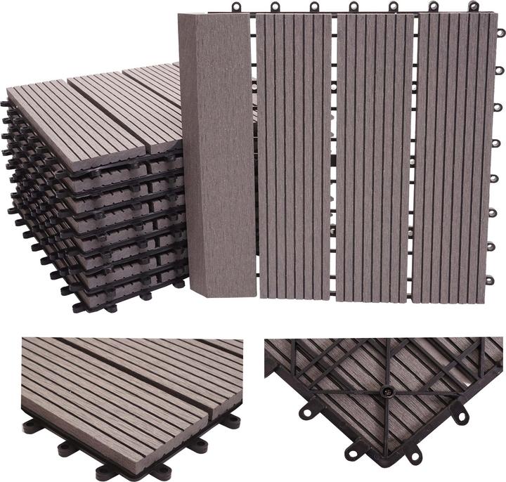 Immagine prodotto Swisshandel24 Piastrella WPC per pavimento Rodano + bordo, aspetto legno balcone/terrazzo, 11x ogni 30x30cm = 1mq (11 x, 30 x 30 cm)