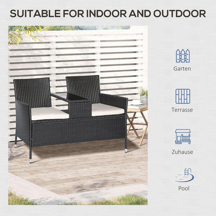 Image du produit Swisshandel24 Banc de jardin en poly rotin Canapé de jardin Banc avec table 2 places Acier noir L133xP63xH84cm