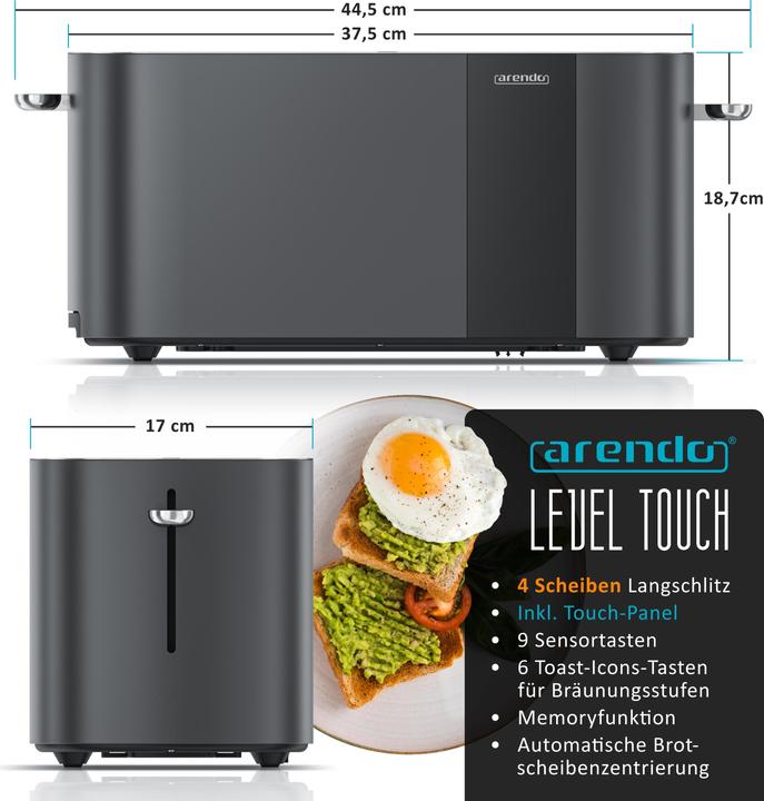 Actual product image Arendo Toaster Edelstahl 4 Scheiben Langschlitz, Touch Display, Bräunungsgrad & Restzeitanzeige, 1500 W (EU plug)