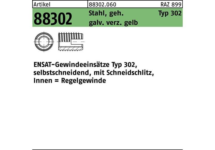 Actual product image Ensat Thread insert R 88302 type 302 M 8 x 15 steel hardened galvanised yellow