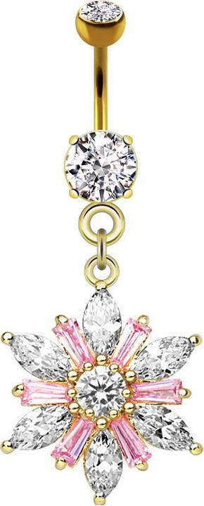 Star Piercing Banane 14k vergoldet mit Anhänger Blumenkristall pink (Messing, Chirurgenstahl 316L)