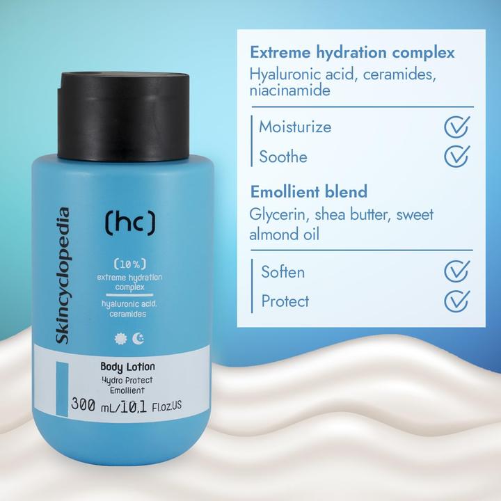 Actual product image Skincyclopedia Hyaluronic Acid Body Moisturiser with Glycerin, Niacinamide, Ceramides, Shea Butter and Almond Oil 3 (Body lotion, 300 ml)