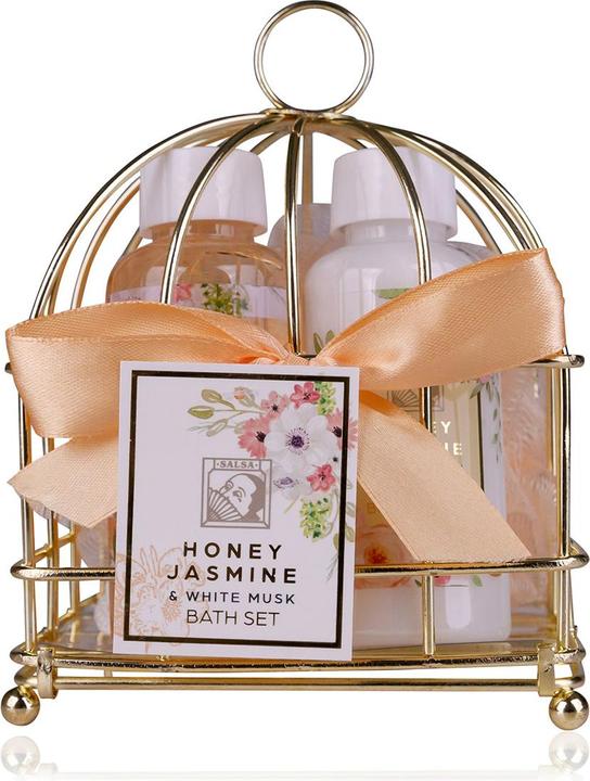 Accentra Badeset HONEY JASMINE in Drahtkorb, inkl. 100ml Duschgel, 100ml Bodylotion, 15g Netzschwamm, Duft: H (Körperpflegeset, Haarpflege set)