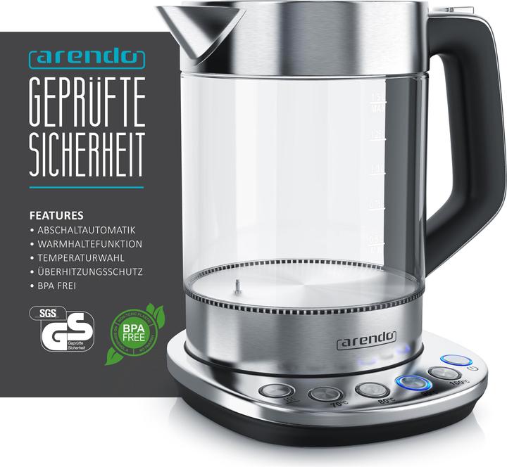 Produktbild Arendo Wasserkocher 1,5 l, 2200 W, Edelstahl & Glas mit Basisstation, Temperatureinstellung 70° C - 100° C (1.50 l)